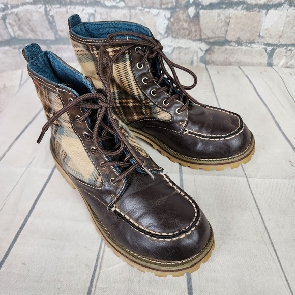 Rocket Dog Chunky Ankle Boot Lace Up Vegan Leather Plaid Fabric Size 6 1/2 Brown - Picture 5 of 12